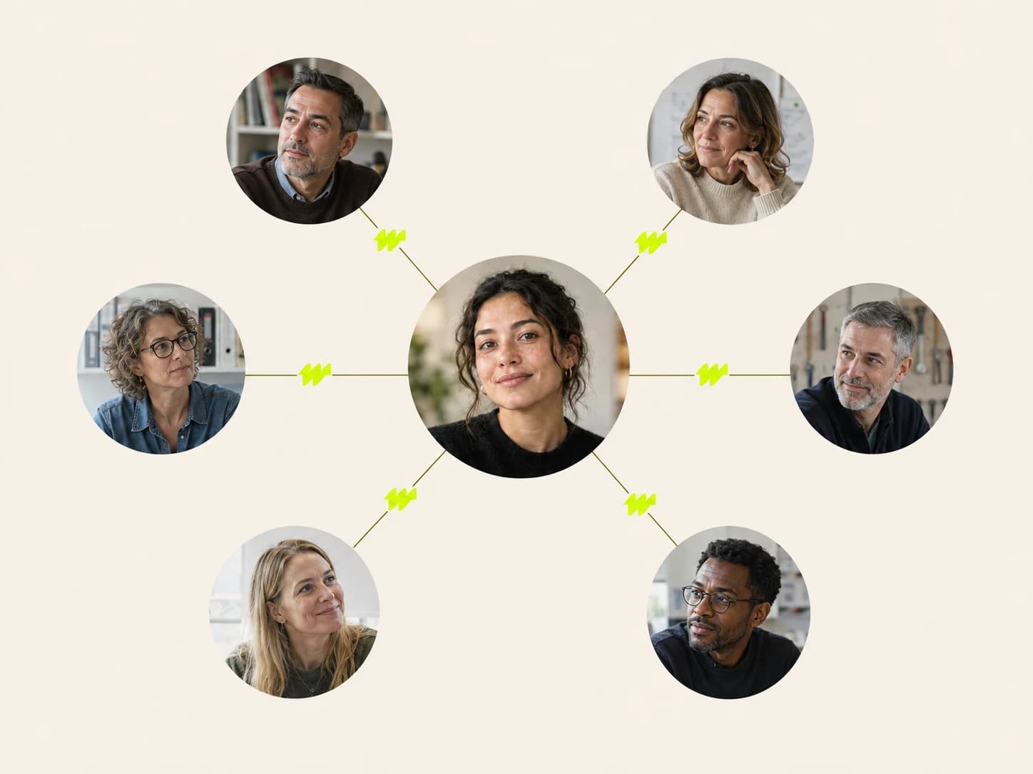 Une étudiante au centre, reliée à des mentors et professionnels par un W vert Jobiwan sur chaque liaison.