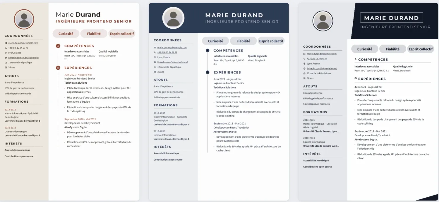 Trois mises en page du CV de démonstration de Marie Durand.